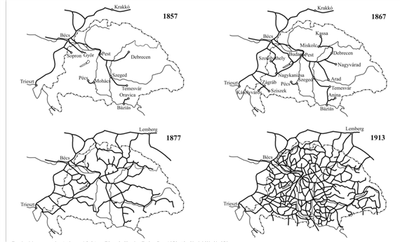The development of Hungarian railways until WWI in four maps: 1857, 1867, 1877, 1913